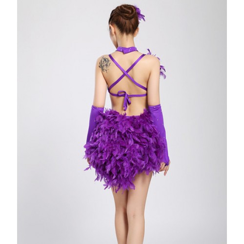 Fuchsia Girl Latin Dance Dresses For Sequin/feather style Cha Cha/Rumba/Samba/Ballroom/Tango Dance Clothing Kids Dance Costume